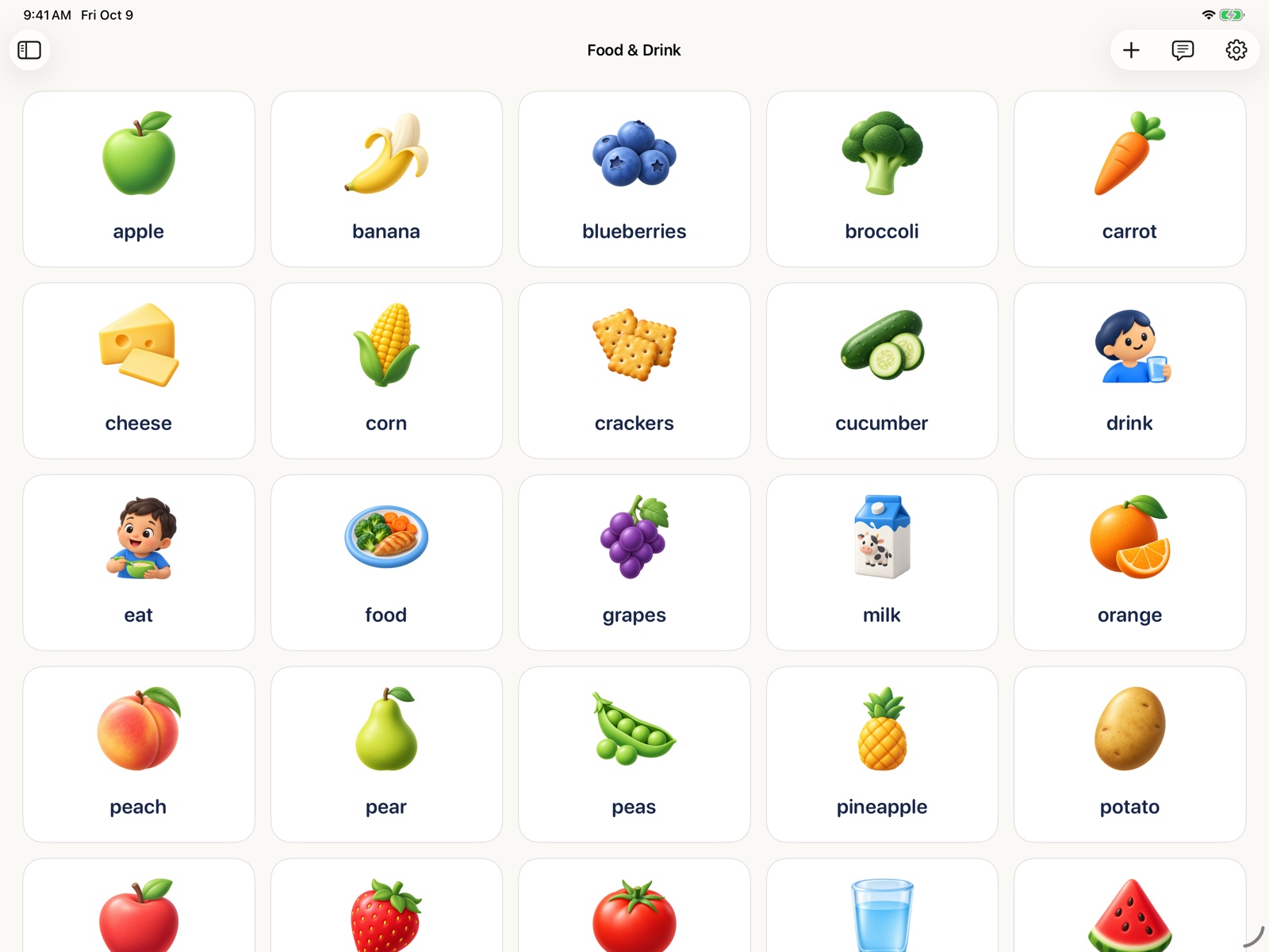 Bean on iPad showing illustrated food words including apple, banana, drink, and water