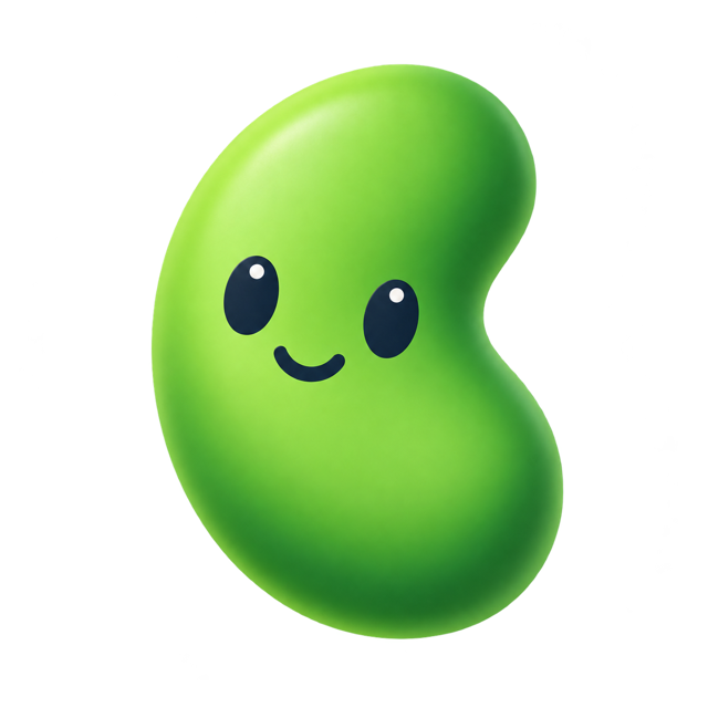 Little Bean, a smiling green bean with a soft, rounded shape
