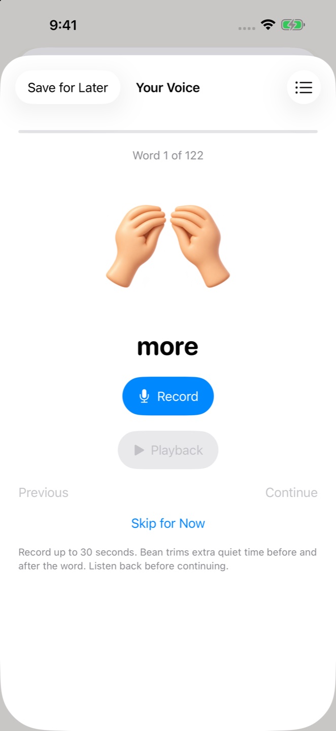 Bean voice recording screen with Record and Playback controls
